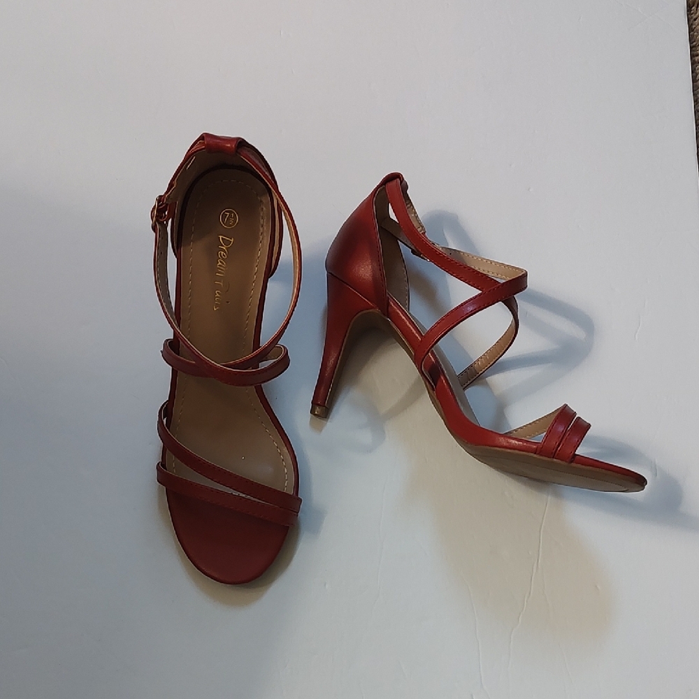 New Red Ankle Wrap Heels By Dream Pairs Open Toe Strappy Sz 7.5 Faux Leather